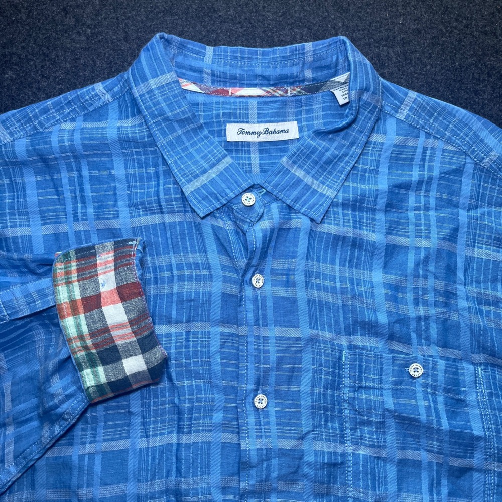 Tommy Bahama Shirt Mens 2XLB Blue Excellent Linen Tencel Plaid Long Sleeve - Picture 1 of 7